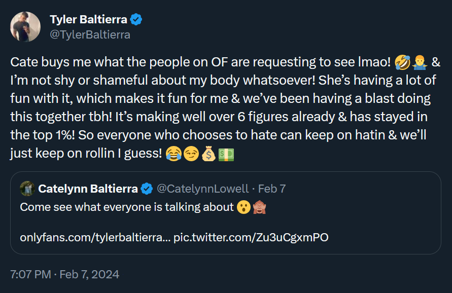 टायलर बाल्टिएरा के ट्वीट का एक डार्क मोड स्क्रीनशॉट, जो कैटलिन लोवेल के ट्वीट को रीट्वीट करता है।