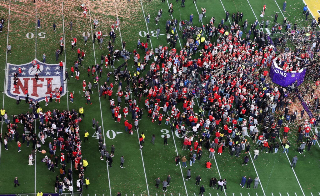 The crowd on the field during the 2024 Super Bowl.