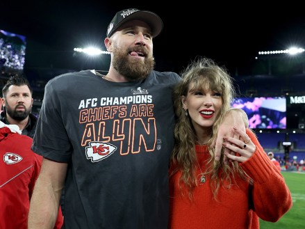 BALTIMORE, MARYLAND - JANUARY 28: Travis Kelce #87 of the Kansas City Chiefs poses with Taylor Swift after their 17-10 win against the Baltimore Ravens in the AFC Championship Game at M&T Bank Stadium on January 28, 2024 in Baltimore, Maryland Celebrated.  (Photo by Patrick Smith/Getty Images)