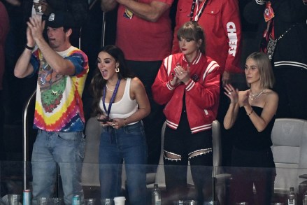 American singer-songwriters Taylor Swift (second right) and Ashley Avignon (right) attend Super Bowl LVIII between the Kansas City Chiefs and San Francisco 49ers at Allegiant Stadium on February 11, 2024 in Las Vegas, Nevada.  (Photo by Patrick T. Fallon/AFP) (Photo by Patrick T. Fallon/AFP via Getty Images)