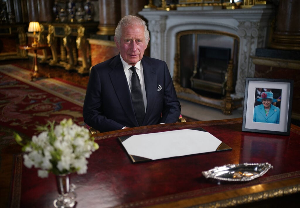 King Charles III delivers his address to the nation and the Commonwealth from Buckingham Palace, following the death of Queen Elizabeth II at Balmoral on Thursday, September 9, 2022 in London, England. 