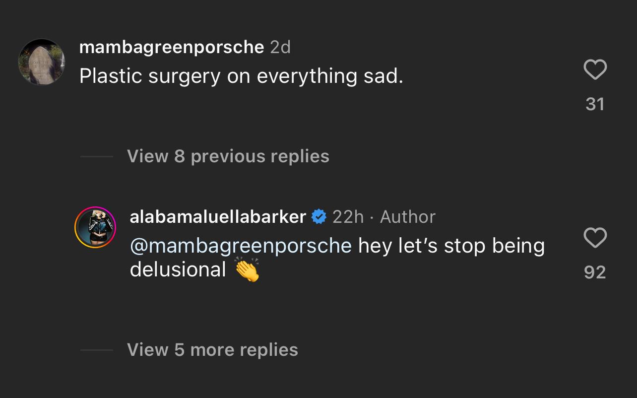 Alabama Barker calls a critic’s plastic surgery claims ‘delusional’